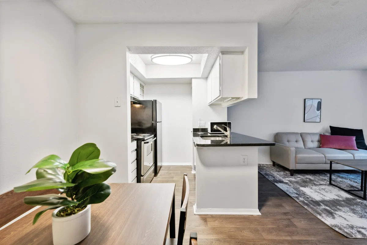 A cozy and welcoming area featuring a dining table with a plant centerpiece, kitchen counter, and a sofa with cushions. The warm decor and layout suggest a space ideal for casual meals, intimate gatherings, and unwinding after a day in the city.