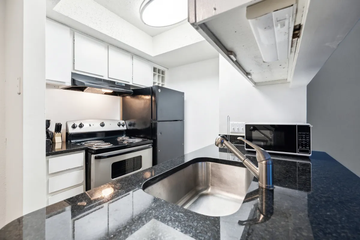 This kitchen scene features sleek stainless steel appliances, a gleaming black granite countertop, and modern white cabinetry. The space is organized and inviting, with ample room for meal preparation and social cooking, capturing a practical yet stylish culinary environment.