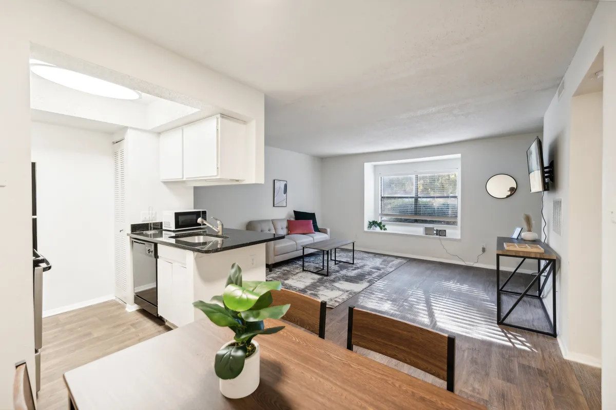 This image presents a broad view of the apartment’s kitchen area, living room seating, a large sunlit window, and a dining table. The layout visually reinforces the open-plan design, abundant light, and modern furnishing, suggesting a harmonious space for cooking, dining, relaxing, and entertaining.